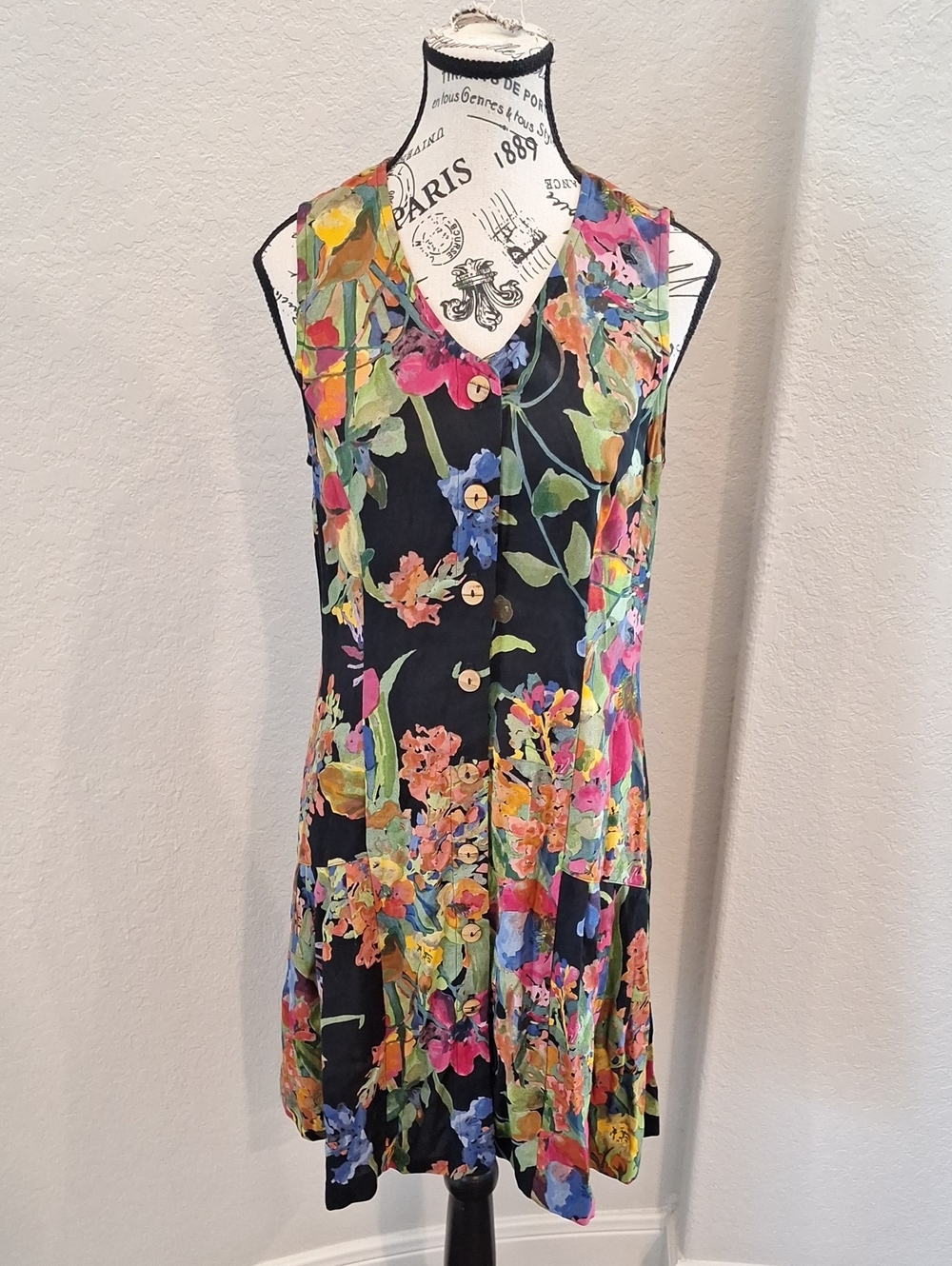 Vintage 90s Carole Little Dark Floral Sleeveless Dress Size 8 Made In USA